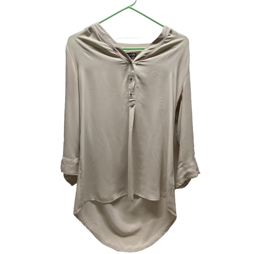 Express Popover Blouse Women's XS Beige Tan 3/4 Sleeve V-Neck Career Casual EUC